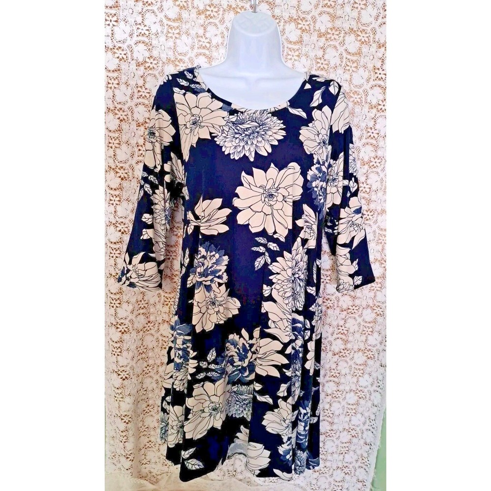 C'est La Vie Dress Size XL Blue Floral Popover Shift 3/4‎ Sleeve Artsy USA Made